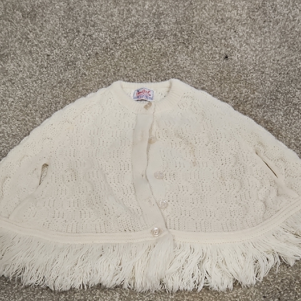 Vintage Blue Bird Kids Creamy White Knit Fabric poncho wrap shawl fringe size 5T - Picture 4 of 6